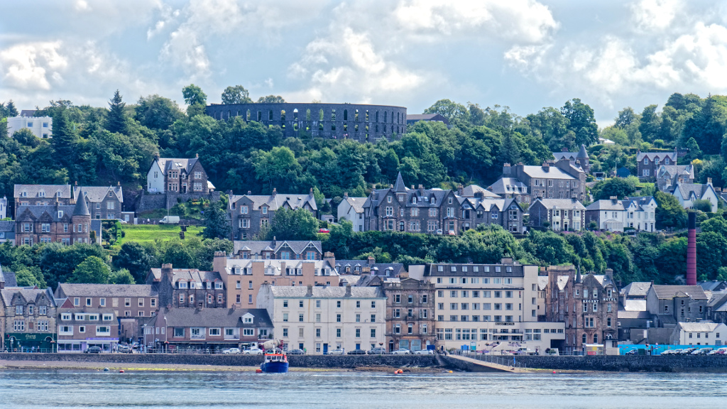 Oban town and McCaigs Tower looking from Kerrera